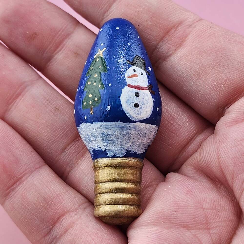 Blue Wood Christmas Light Bulb Brooch Snowman Tree Painted Folk Art Holiday Pin